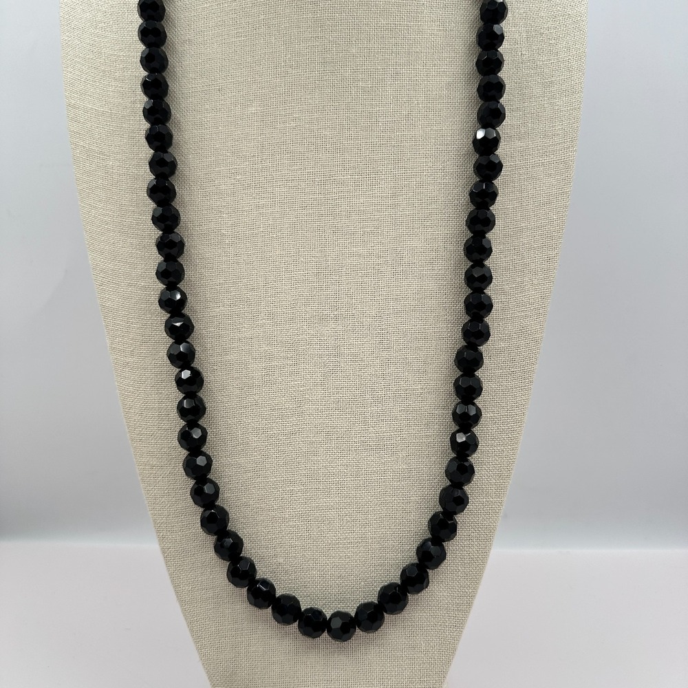 Vintage 90s Black Glass Faceted Round Beaded Necklace Classic Goth Jewelry